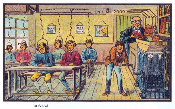 A postcard from the 1900 world's fair depicting a student grinding books in a large grinder, connected by wires to headphones to students in a classroom while the teacher reads at his desk.